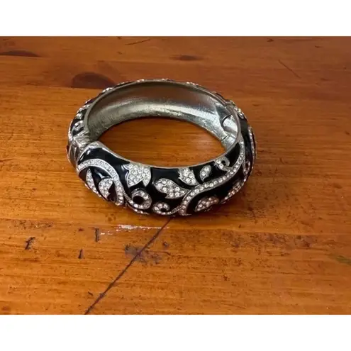 Silver Tone Black Enamel Hinged Bangle Bracelet Rhinestone Crystal Scroll Design