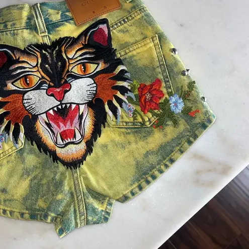 Gucci  Washed Studded And Tiger Embroidered Denim Shorts in Green/Yellow