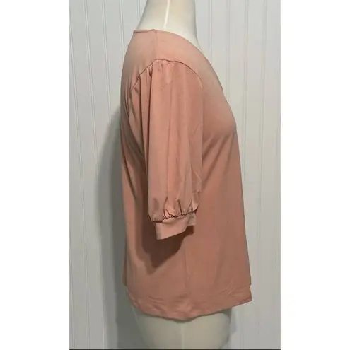 JM Collection Puff Sleeves Tee Shirt Top V-Neck Stretchy Pink Sunstone Small