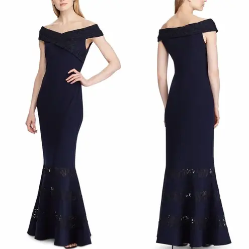 Ralph Lauren  Off Shoulder Lace Formal Sheath Gown Navy Blue Size 14