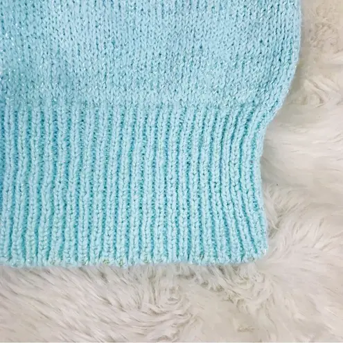 VINTAGE 80s Short Sleeve Crewneck Sweater Pullover Light Green Blue Size Large