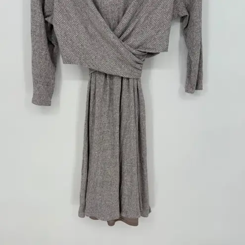 AMADI Wrap Knit Midi Dress Taupe Long Sleeve V Neck Ruched Casual Size S Gray