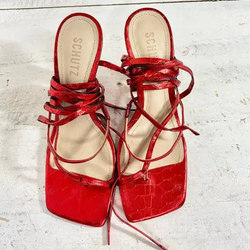 Schutz Lily Metallic Crocodile-Embossed Leather Sandal Red Women's Size 7.5 B