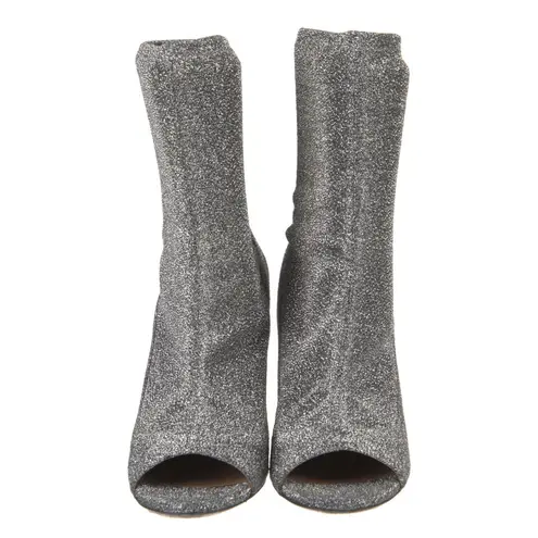 Aquazzura Eclair 105 Silver Lurex Peep Toe Stiletto Booties 36.5 Size 5.5