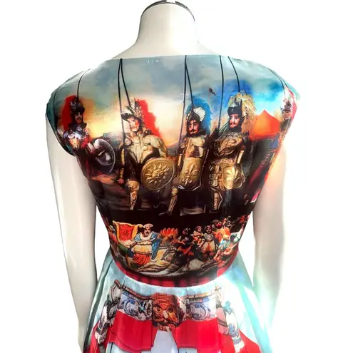 CCC Silk Cotton Medium Knights Scene Print Fit And Flare Midi Dress Italian Art Red
