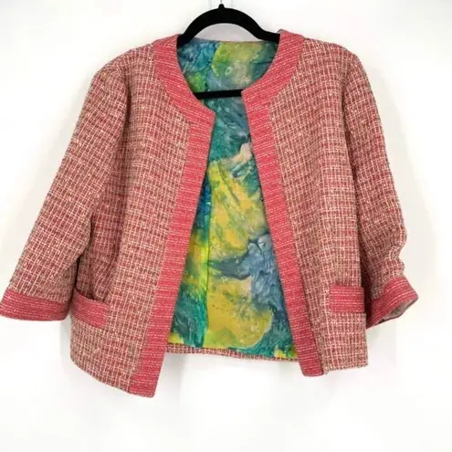Jonofui Women's Tweed 3/4 Sleeve Lined Blazer Jacket Pink Medium Silk lining Pink