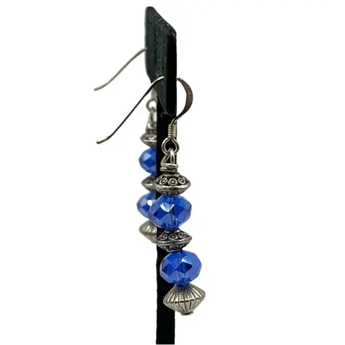 Handmade 925 Sterling Silver Hook Bead Drop Earrings Blue Saphire Glass Crystal Blue