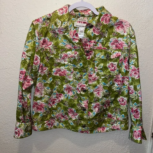Vintage floral cropped jean jacket • Lime Green and hot pink • denim jacket rose