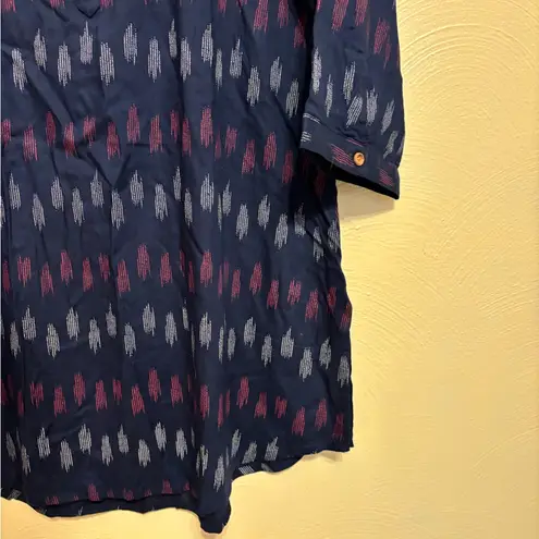 Srishti Ikat Tunic Top XXL | Boho Ethnic Print Navy Red 3/4 Sleeve Kurta Blue