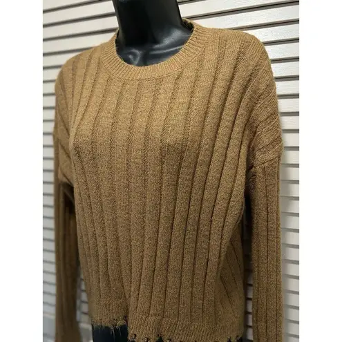 Rue 21 Camel Color Cable Knit‎ Sweater Long Sleeve Raw Hem Size Small Crew Neck thumbnail 2