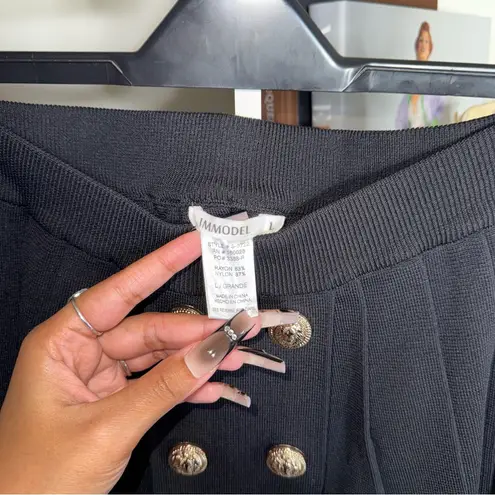 Immodel Black Knit Pleated Micro Mini Skirt with Gold Lion Buttons Size L