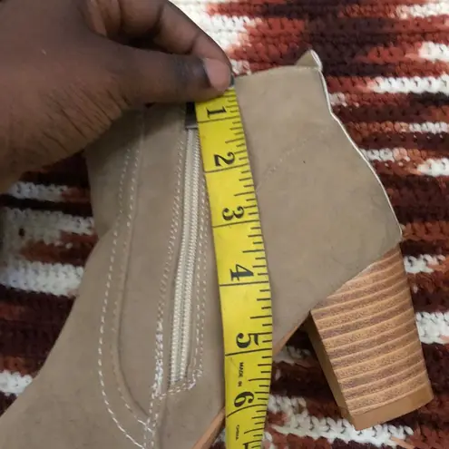 Tan khaki beige genuine leather suede ankle low top boots shoes wooden heel