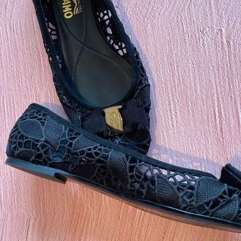 Salvatore Ferragamo  Black Lace Bow Ballerina Flat - Size 9.5