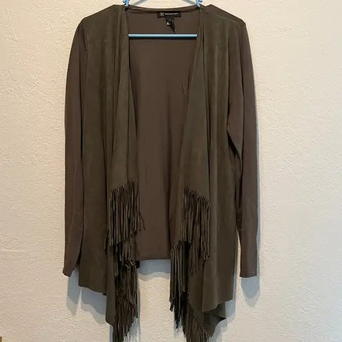 INC International Concepts Olive Fringe Cardigan Faux Suede Boho Size L Earthy Green Size L