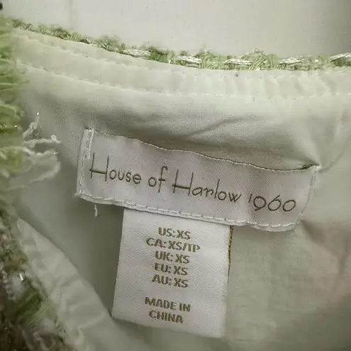 House Of Harlow Tweed Mini Dress Size XS Green Metallic Fringe Mod Sleeveless