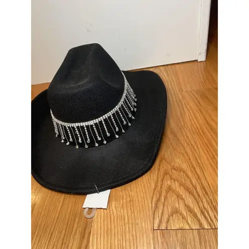 Rhinestone Fringe Hat Cowboy Fitted Womens One Size Black Cowgirl Bling