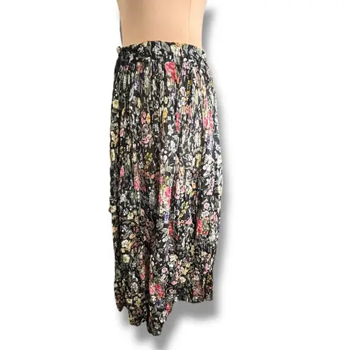 Vintage 90s Black Dark Floral Crinkle Maxi Skirt Pleated Semi Sheer Tie Waist Size L