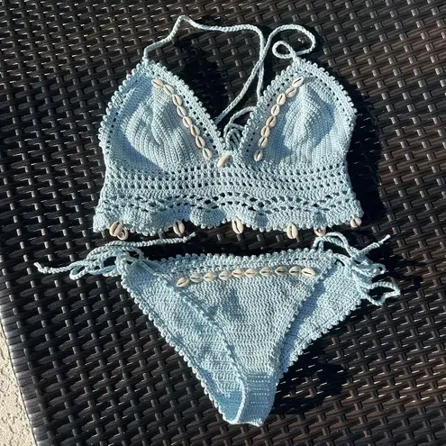 Crochet top and bottom baby blue with seashells bikini swim set Size undefined