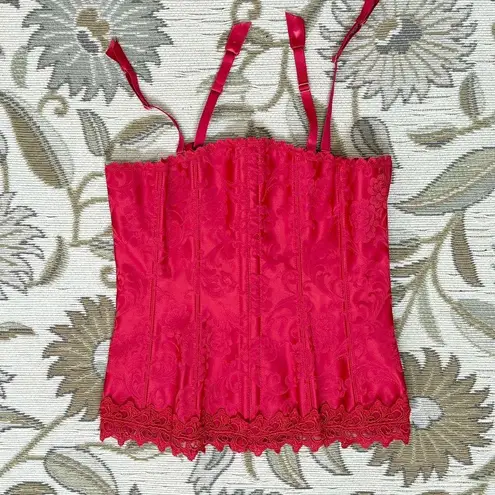 Frederick's of Hollywood Vtg Corset Top Bustier Red Lace Brocade M Medium 36