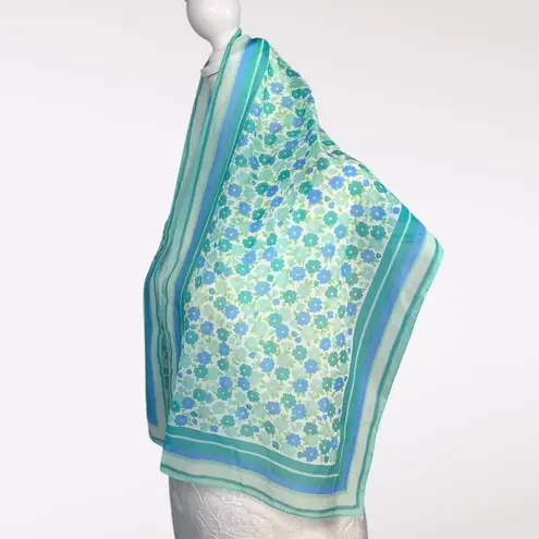 Vintage 60s Glentex Japan Sheer Nylon Floral Scarf Teal Aqua Blue Green Mod