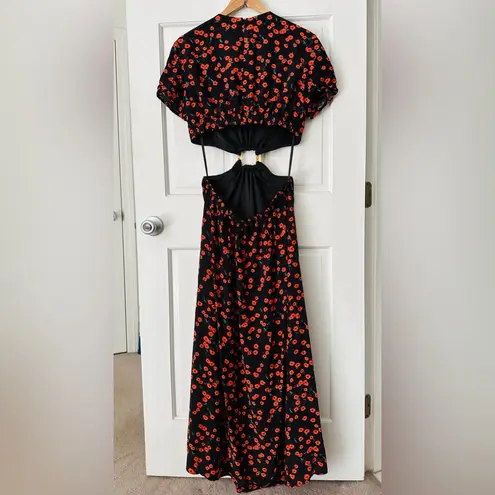 STAUD NEW! Calypso Poppy Cut Out Black Red Midi Floral Print Dress Size L