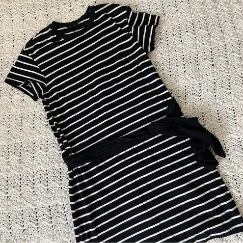 Monrow Striped Pocket Tie Mini T Shirt Dress Black White (Small) casual preppy