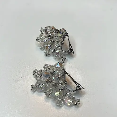 Vintage Laguna clip on earrings faceted clear aurora borealis cascading crystals