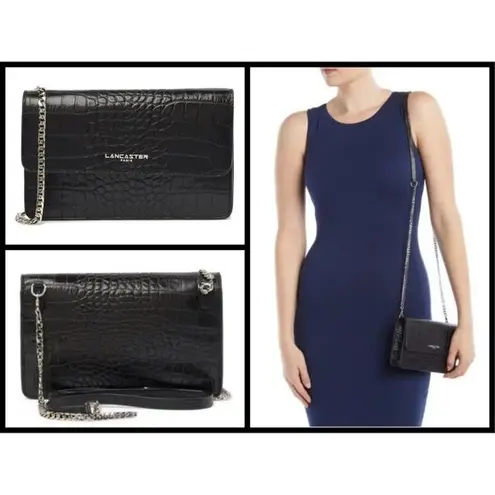 💕LANCASTER PARIS💕 Exotic Crocodile Embossed Leather Crossbody Bag ~ Black