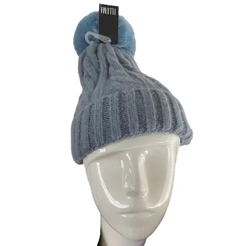 ILLUMA Women’s Blue Cuffed Cable Stitch Faux Fur Pom Pom Beanie Hat NWT