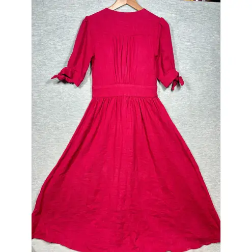 Free People  XS Dress Love of My Life Red V Neck Button Front Midi Tie Sleeve