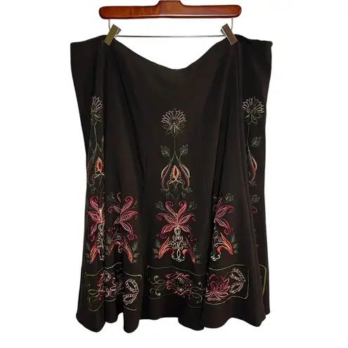 Sunny Leigh Embroidered Floral Midi Maxi A-Line Flare Skirt Brown 24 Boho Y2K Fairy Romantic