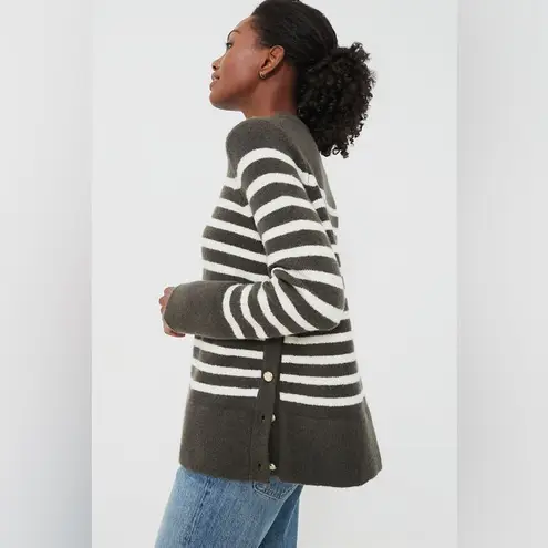 Tuckernuck Evergreen and Ivory Stripe Bonnie Sweater Button Sides Crewneck