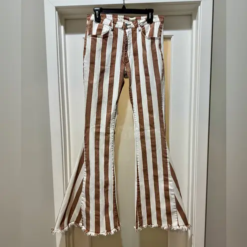 Saints & Hearts Size L Flare Pants • Brown/White Stripes • Fringe Hem Boho Brown