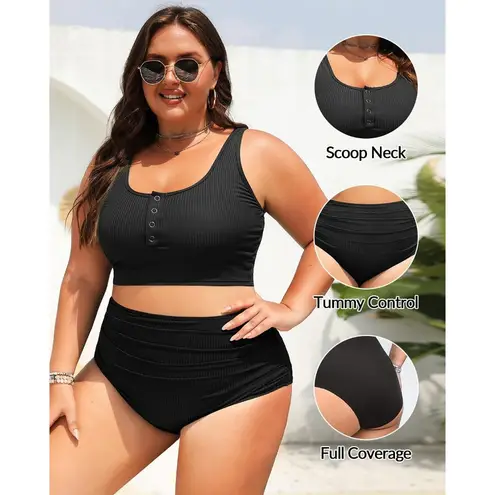 Plus Size 2 Piece Swimsuit Women's 24 PLUS Black High Waisted Bikini Ribbed NEW! - Image 6