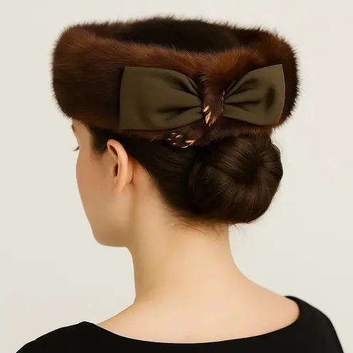 Vintage 1950s Anne’s San Carlos Mink Fur Pillbox Hat Brown Bow Detail Classic