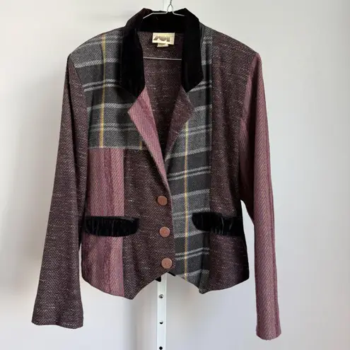 California Sunshine Patchwork Blazer Jacket Velvet Collar Plaid Textured Wool Blend Womens Small