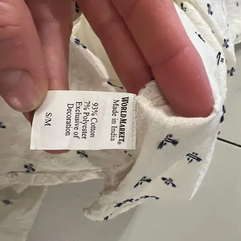 World Market White Floral Embroidered Puffed Sleeve Blouse Tassel Tie Top Size M Size M