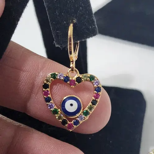 Gold Filled Multi Color Zirconia Heart Evil Eye Huggie Earrings