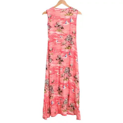 Tropical Palm Tree Sailboat Midi Dress Pink Beach Vacation Resort Cruise Size S