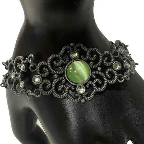 Vintage Whimsigoth Gothic Filigree Bracelet Green Cat Eye Gemstone