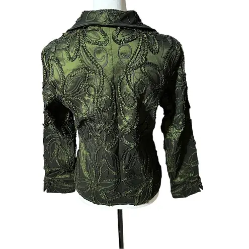 Samuel Dong Zippered Blazer Jacket Ruffled Taffeta Textured Green Size Small