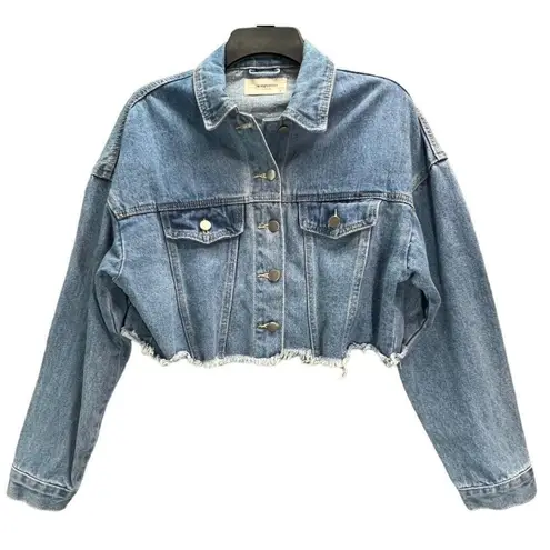 JW Signature Cropped Jean Jacket M Blue Fray Hem STATE Graphic Raw Hem Y2K Style Size M