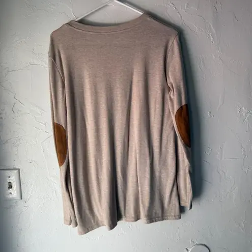 Womens Long Sleeve Top Beige Elbow Patch Button Side Henley Preppy Equestrian Tan Size L