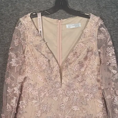 Mac Duggal Floral Applique Long Sleeve Illusion Gown Rose Pink Size 8 70224