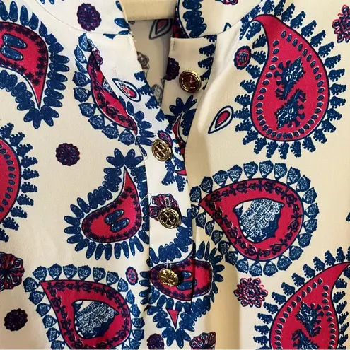 Tracy Negoshian Blouse Ocean Paisley Button Neck Tunic Top Sz S EUC