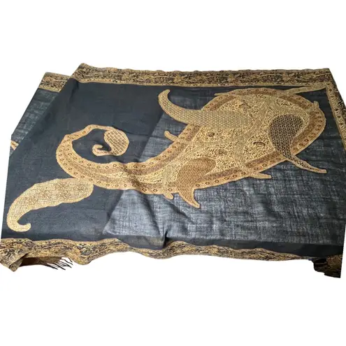 Black Gold Serpent Paisley Shawl Wrap Wool Blend Sheer Panel Fringe Boho Indie