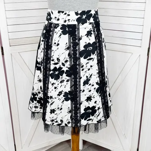 Y2K Erin B Floral Lace Trim A Line Skirt Black White 4 Knee Length Petticoat
