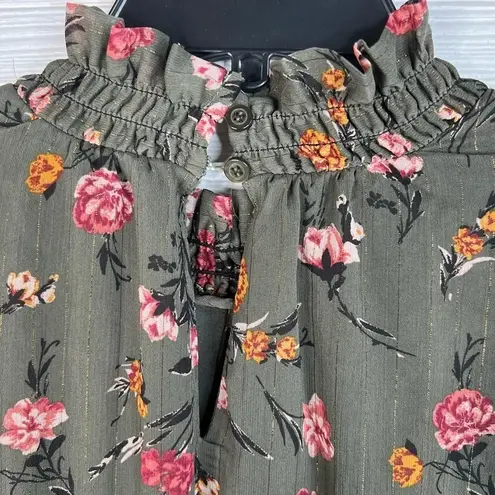 Drew Anthro Green Floral Print Dress Gold Stripes Long Sleeves Smocked Size L