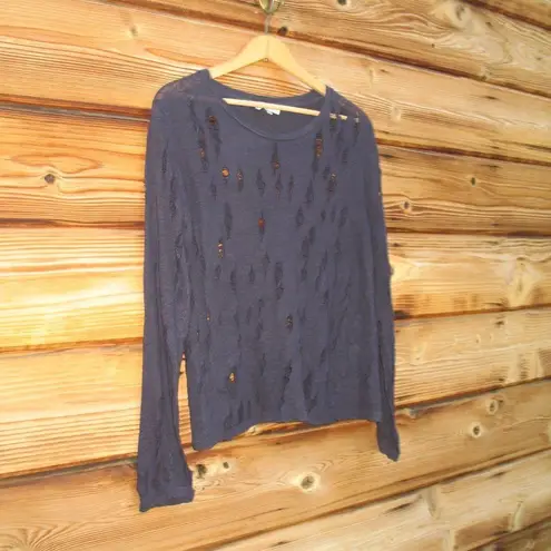IRO Marvina Blue Linen Distressed Pullover Knit Top