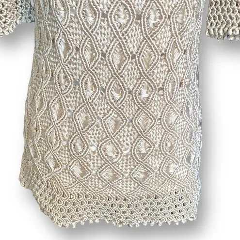 Vintage Inca Boutique Top Tan Open Weave Sheer Vneck Short Sleeve Art To Wear